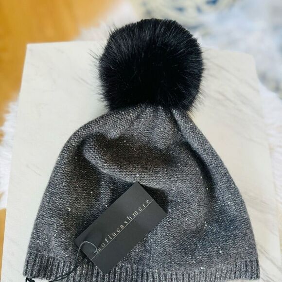 Sofia Cashmere Sequin 100% Cashmere Beanie with Faux Fur Pompom Gray/Black, NWT - Picture 12 of 14